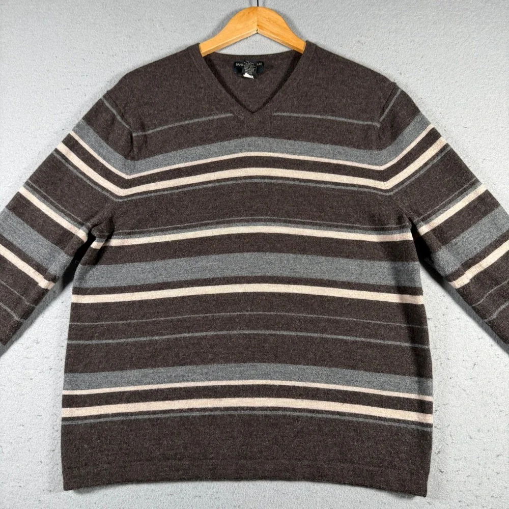 Banana Republic Merino Wool V Neck Striped Sweater Mens Large‎ Brown Blue